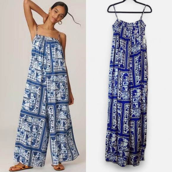 Maeve Pants - Maeve Blue and White Printed Strapless Jumpsuit
